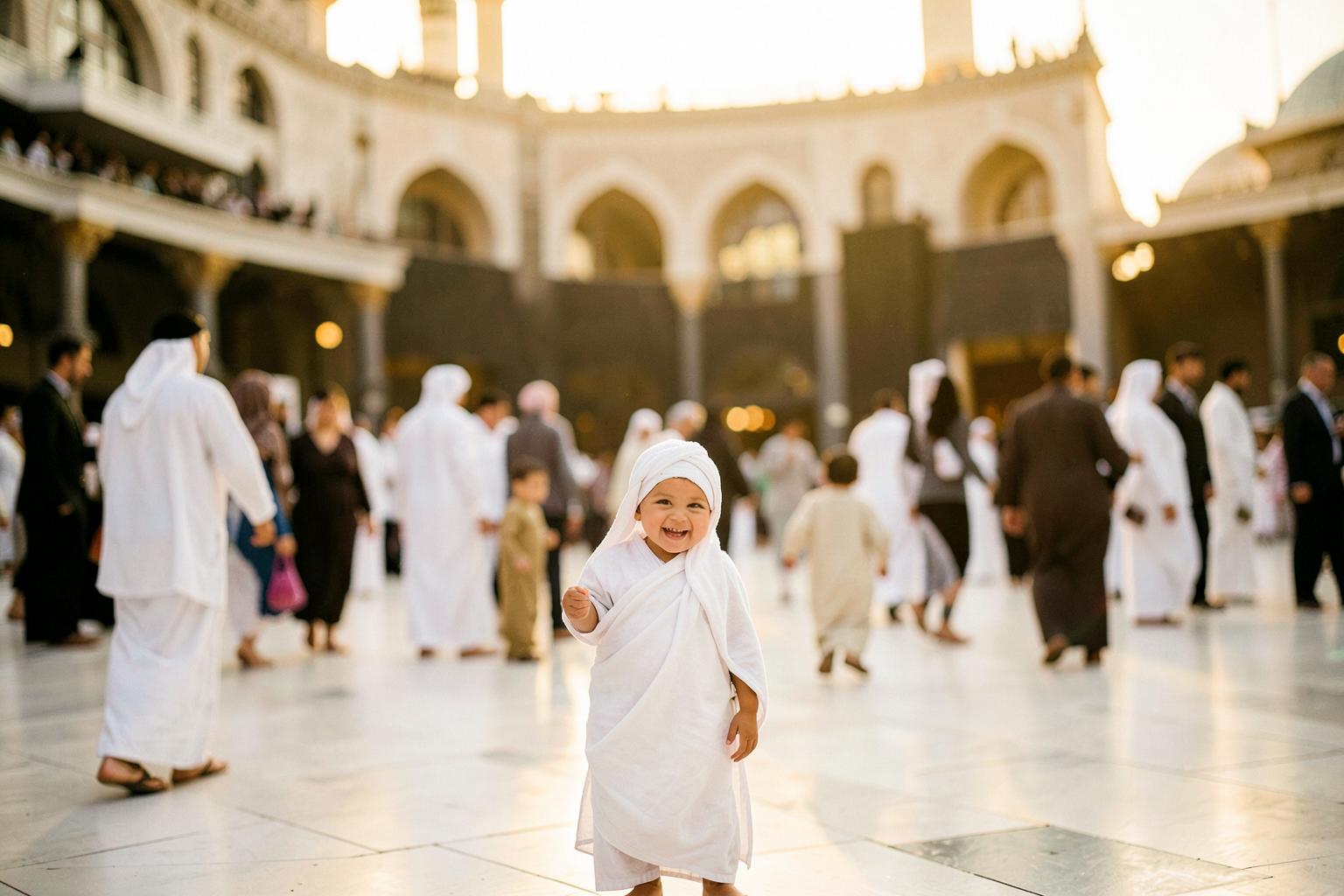 A young child in ihram in the courtyard of Masjid al-Haram at golden hour